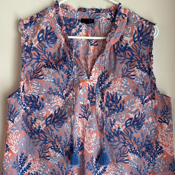 Talbots RUFFLE TRIM SHELL DYNAMIC CORAL Blue Sleeveless Blouse Mandarin Collar L - Picture 3 of 10